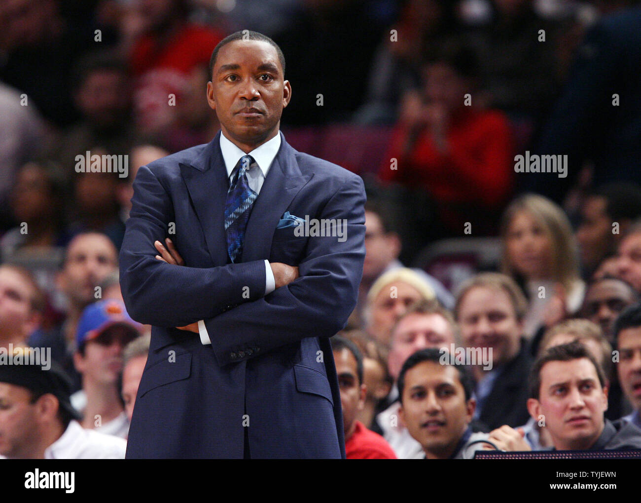 New York Knicks head coach Isiah Thomas stands up during the second quarter against the Detroit Pistons at Madison Square Garden in New York City on March 7, 2008.    (UPI Photo/John Angelillo) Stock Photo