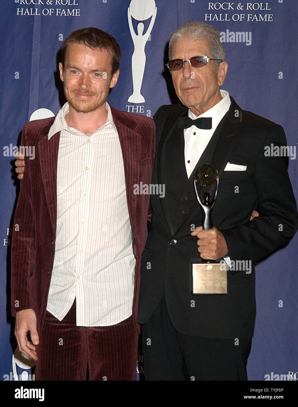 Damien RIce and Leonard Cohen make an appearance in the press room at the 23rd Annual Rock and Roll Hall of Fame at the Waldorf Astoria in New York on March 10, 2008.   (UPI Photo/Joy Scheller) Stock Photo