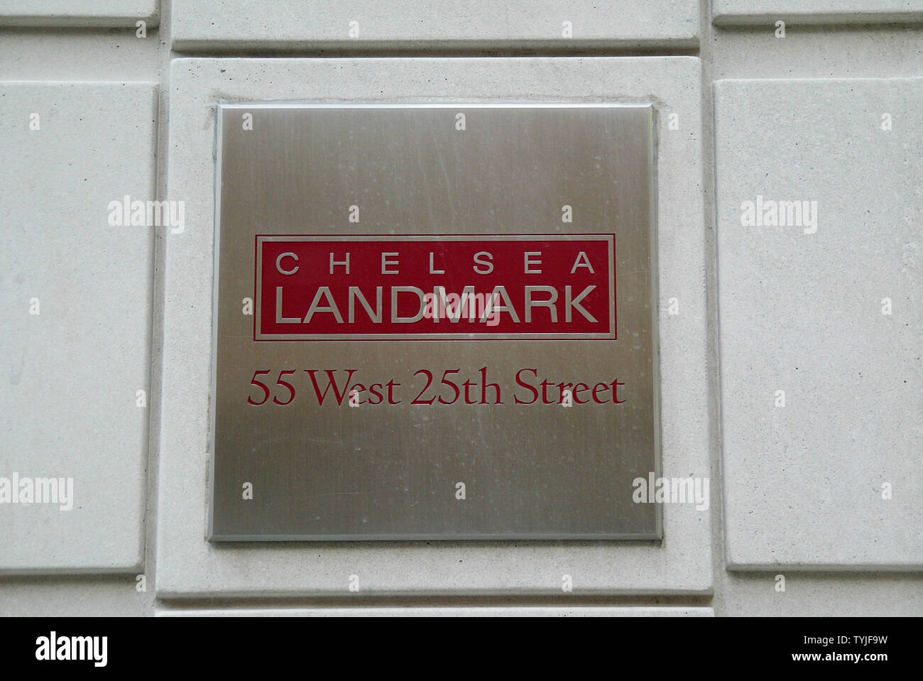 The nameplate of the Chelsea Landmark building on W. 25th Street is pictured in New York on March 13, 2008. The building is where Ashley Alexandra Dupre, aka 'Kristen' lives, the last call girl to spend the night with New York Governor Eliot Spitzer before he was forced to resign amid an FBI probe into his involvement in a prostitution ring.   (UPI Photo/Laura Cavanaugh) Stock Photo