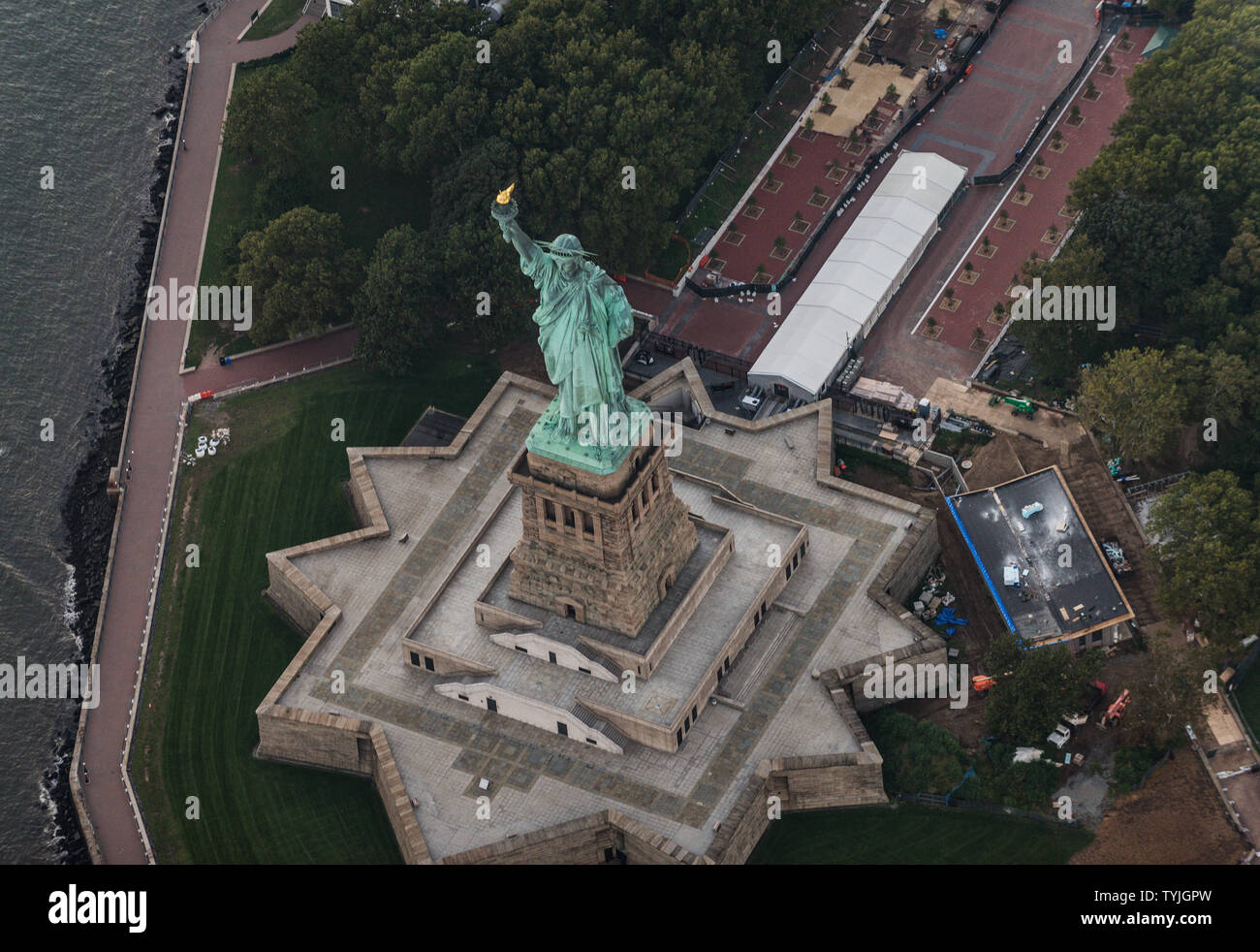 Statue of Liberty from above, New York View of NY landmarks from helicopter tour Stock Photo
