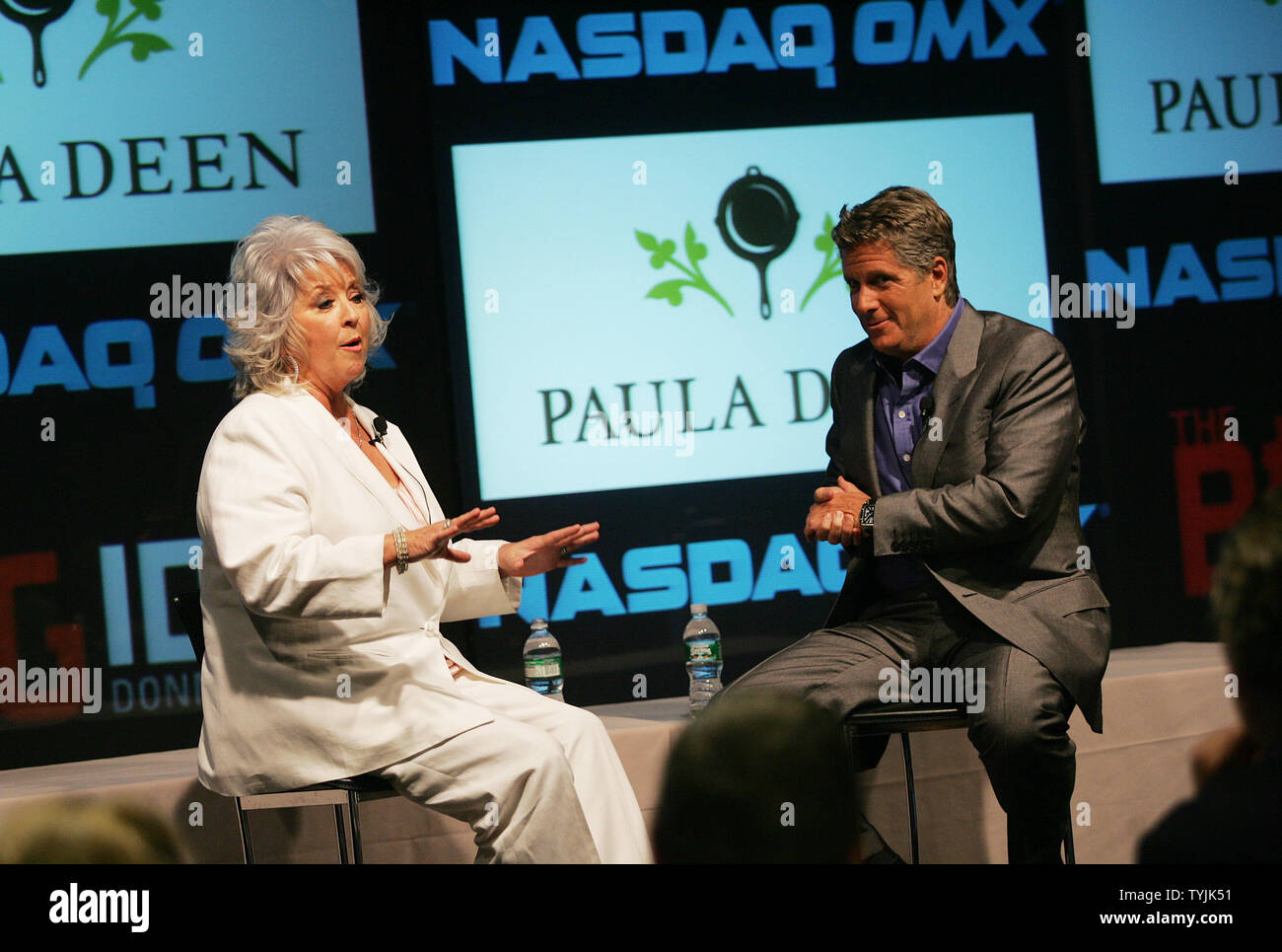CNBC's Donny Deutsch interviews Chef Paula Deen at the NASDAQ in New York on June 30, 2008.   (UPI Photo/Laura Cavanaugh) Stock Photo