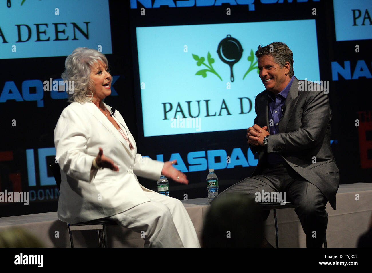 CNBC's Donny Deutsch interviews Chef Paula Deen at the NASDAQ in New York on June 30, 2008.   (UPI Photo/Laura Cavanaugh) Stock Photo