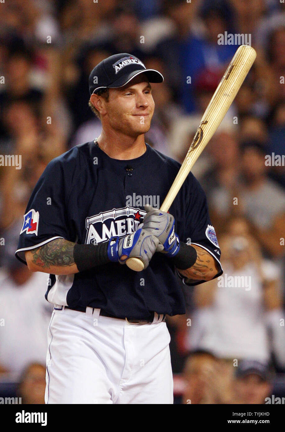 Texas Rangers Josh Hamilton smiles while standing at the plate in the first round of the State Farm Home Run Derby at Yankee Stadium in New York City on July 14, 2008.        (UPI Photo/John Angelillo) Stock Photo