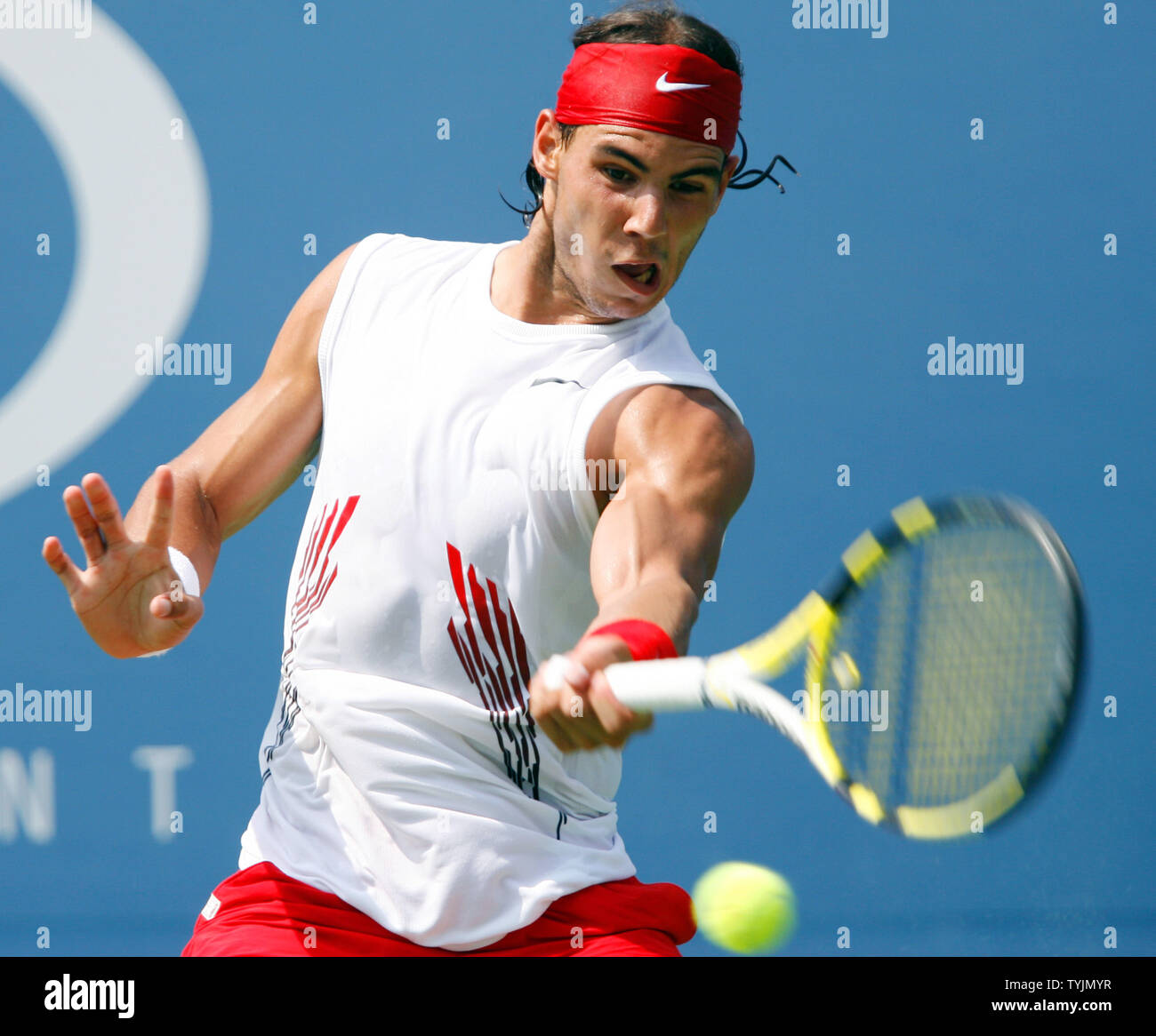 Rafael Nadal hits a forehand in his match against Viktor Troicki on day six  at the U.S. Open Tennis Championships at the U.S. National Tennis Center in  Flushing Meadows, New York on