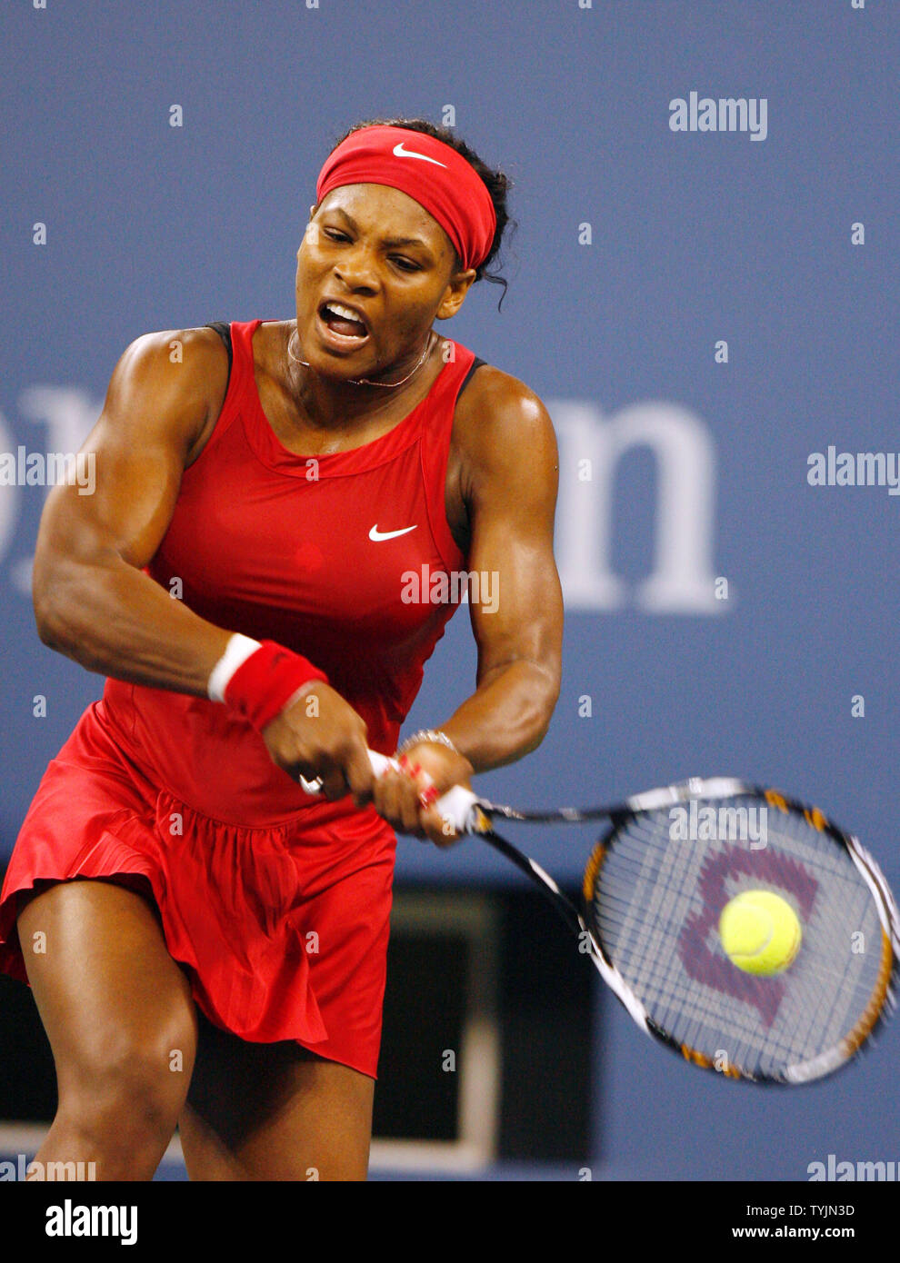 Serena Williams hits a backhand in her match against Severine Bremond on day eight at the U.S. Open Tennis Championships at the U.S. National Tennis Center in Flushing Meadows, New York on September 1, 2008. Williams defeated Bremond 6-2 6-2.         (UPI Photo/John Angelillo) Stock Photo