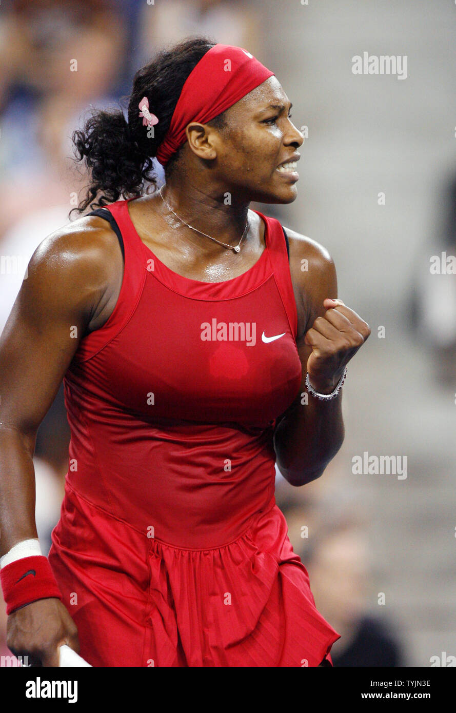 Serena Williams pumps her fist in her match against Severine Bremond on day eight at the U.S. Open Tennis Championships at the U.S. National Tennis Center in Flushing Meadows, New York on September 1, 2008. Williams defeated Bremond 6-2 6-2.         (UPI Photo/John Angelillo) Stock Photo