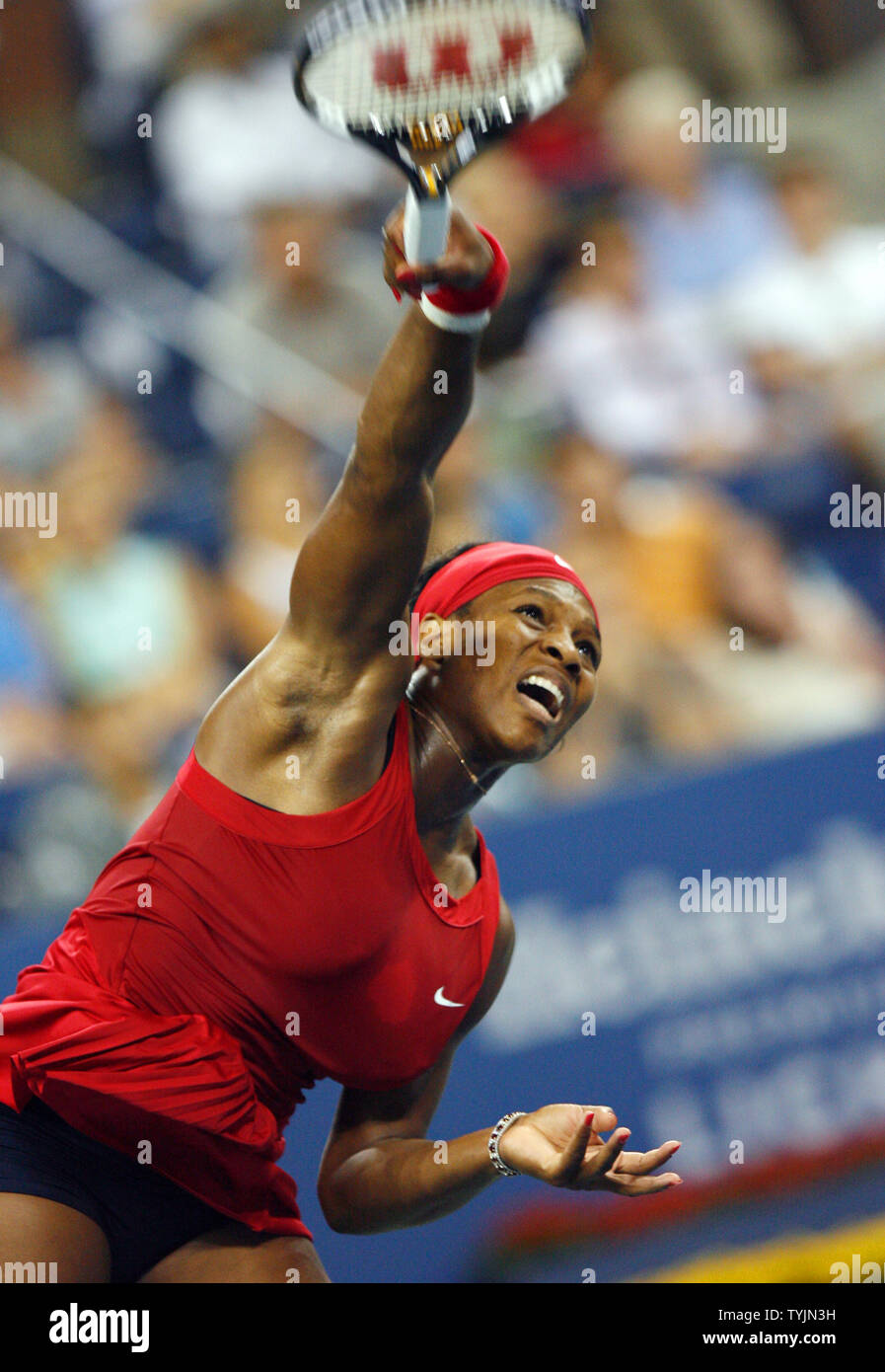 Serena Williams serves in her match against Severine Bremond on day eight at the U.S. Open Tennis Championships at the U.S. National Tennis Center in Flushing Meadows, New York on September 1, 2008. Williams defeated Bremond 6-2 6-2.      (UPI Photo/John Angelillo) Stock Photo