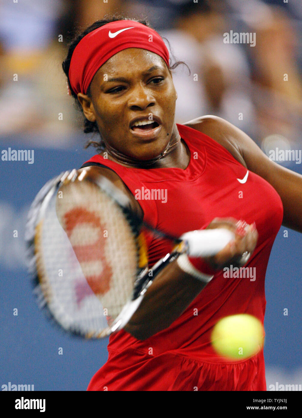 Serena Williams hits a forehand in her match against Severine Bremond on day eight at the U.S. Open Tennis Championships at the U.S. National Tennis Center in Flushing Meadows, New York on September 1, 2008. Williams defeated Bremond 6-2 6-2.       (UPI Photo/John Angelillo) Stock Photo