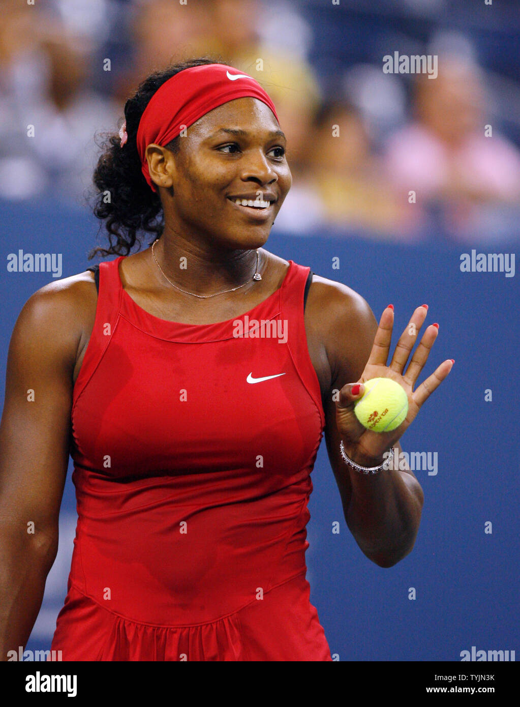 Serena Williams reacts after a challenge in her match against Severine Bremond on day eight at the U.S. Open Tennis Championships at the U.S. National Tennis Center in Flushing Meadows, New York on September 1, 2008. Williams defeated Bremond 6-2 6-2.        (UPI Photo/John Angelillo) Stock Photo