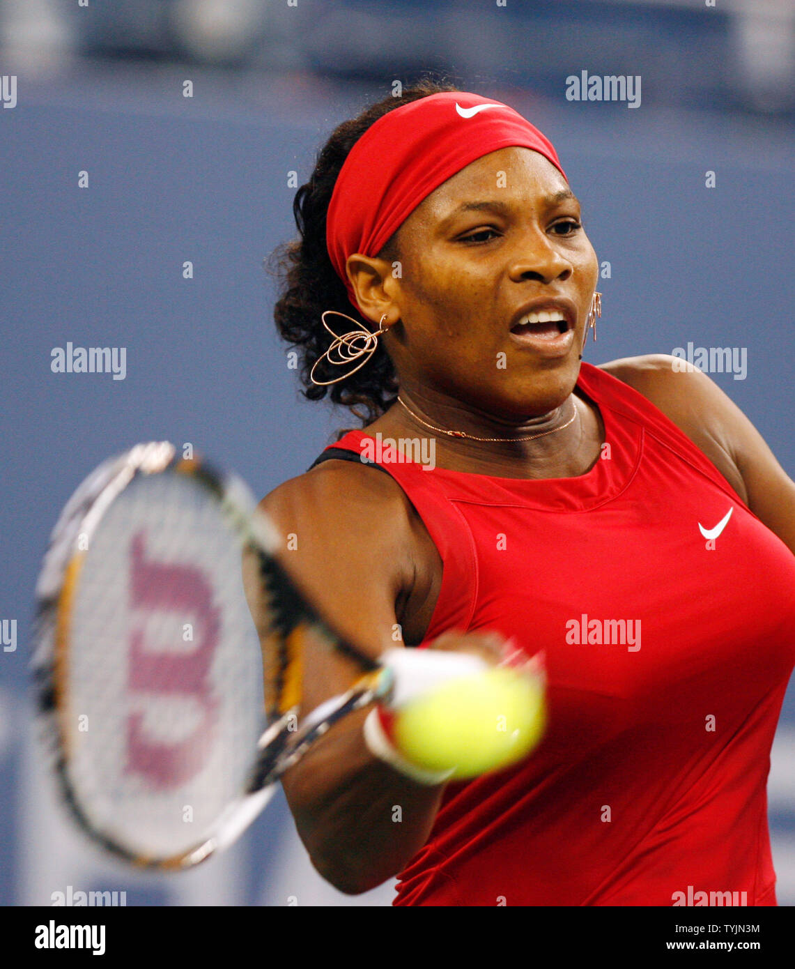 Serena Williams hits a forehand in her match against Severine Bremond on day eight at the U.S. Open Tennis Championships at the U.S. National Tennis Center in Flushing Meadows, New York on September 1, 2008. Williams defeated Bremond 6-2 6-2.        (UPI Photo/John Angelillo) Stock Photo
