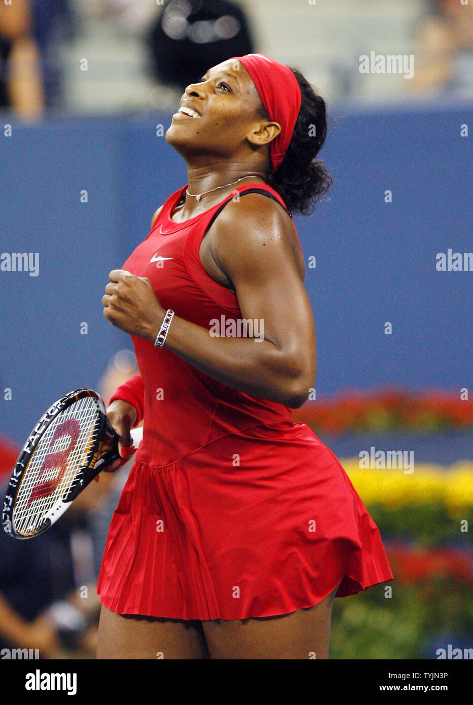 Serena Williams reacts after match point in her match against Severine Bremond on day eight at the U.S. Open Tennis Championships at the U.S. National Tennis Center in Flushing Meadows, New York on September 1, 2008. Williams defeated Bremond 6-2 6-2.         (UPI Photo/John Angelillo) Stock Photo