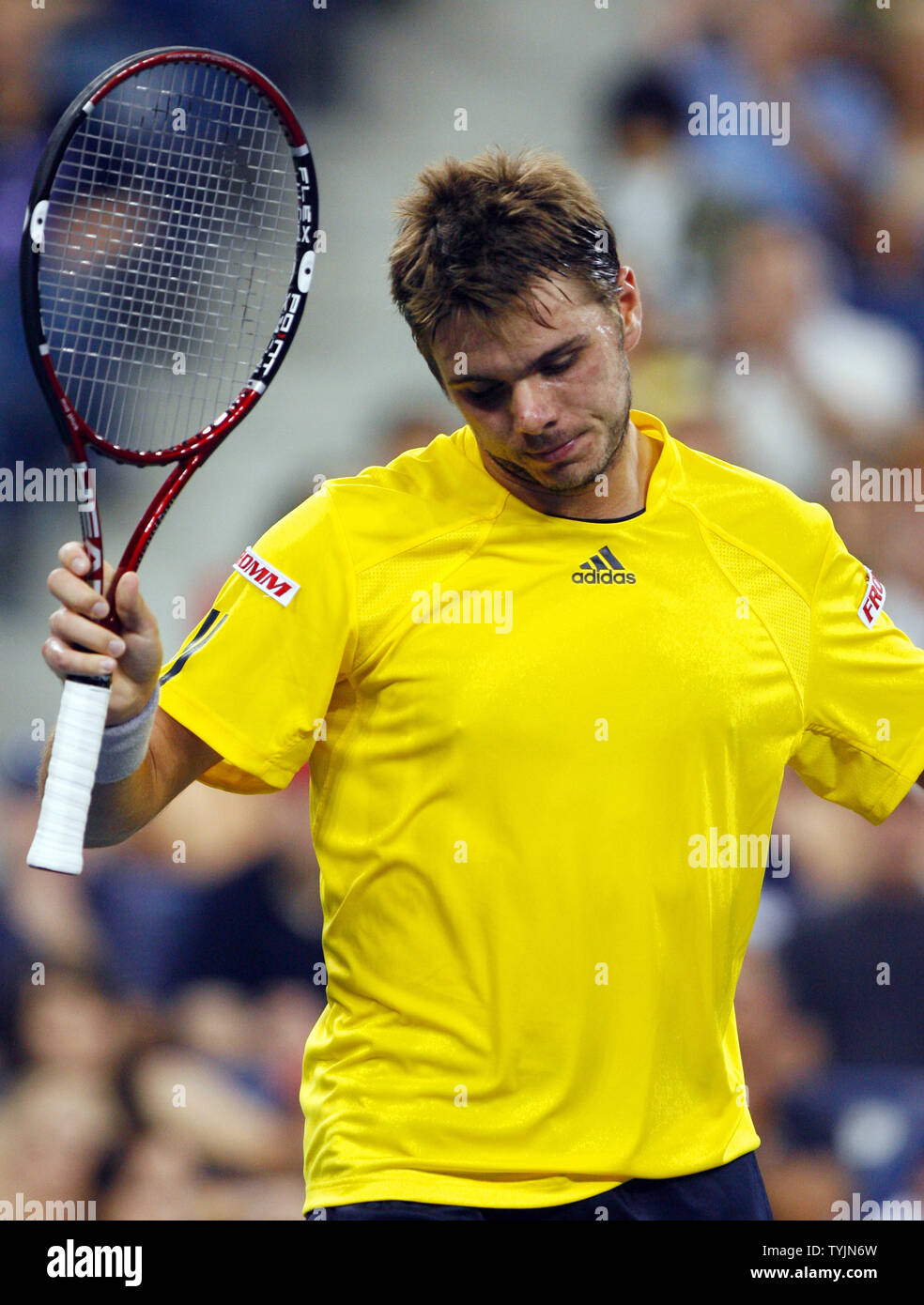Stanislas Wawrinka reacts after losing a point in his match against Andy  Murray on day eight at the U.S. Open Tennis Championships at the U.S.  National Tennis Center in Flushing Meadows, New