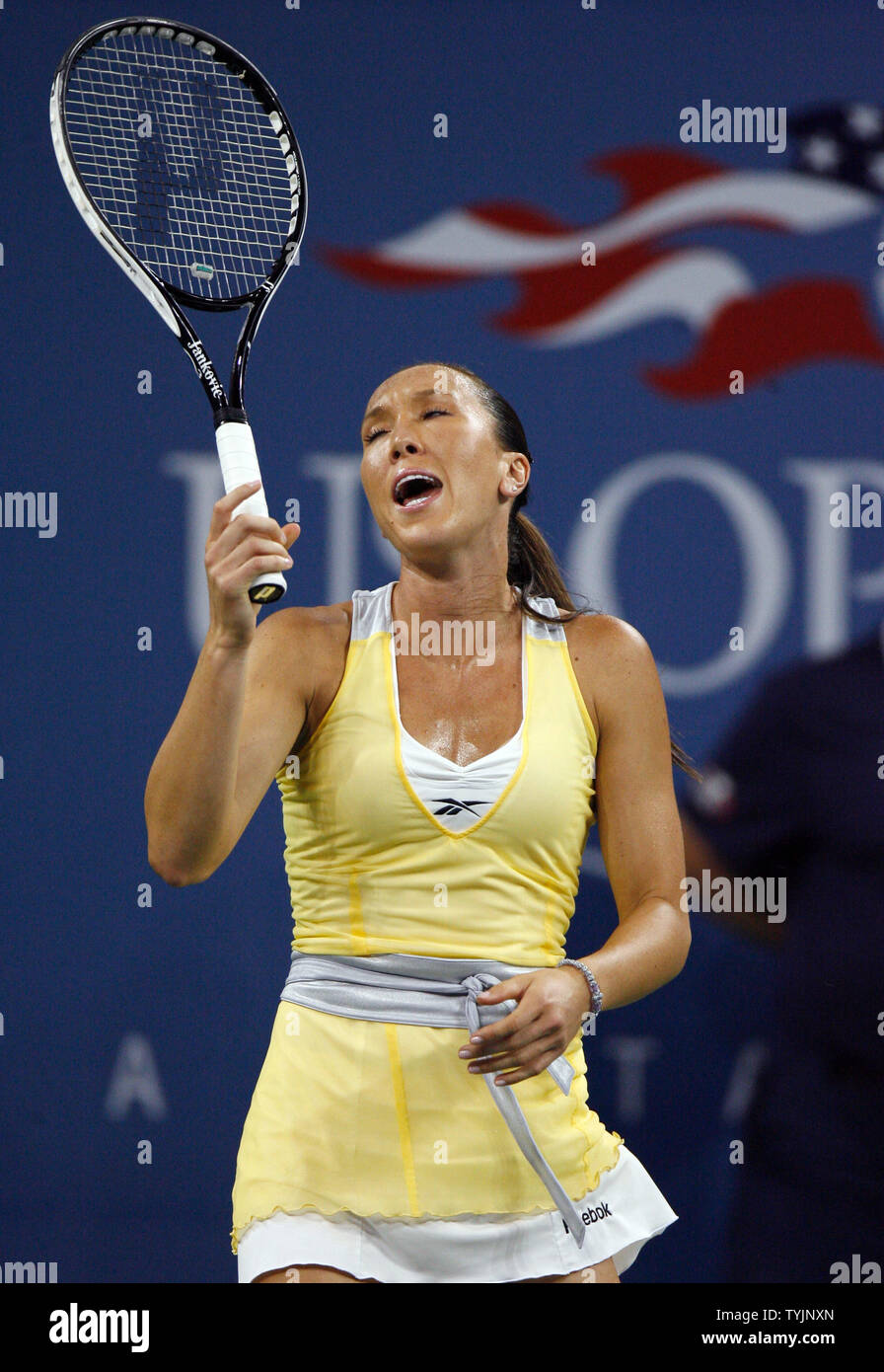 Jelena Jankovic reacts after losing a point in her women's final match  against Serena Williams on day fourteen at the U.S. Open Tennis  Championships at the U.S. National Tennis Center in Flushing