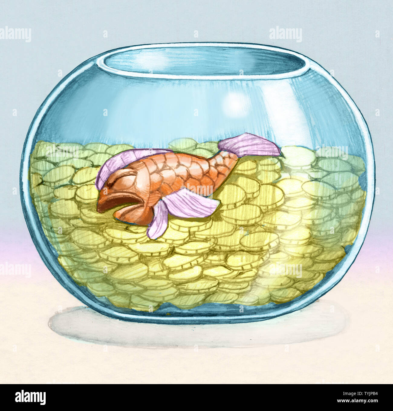 dead fish in a bowl of water filled only with pennies allegory of the pollution of the seas humorous pencil draw Stock Photo