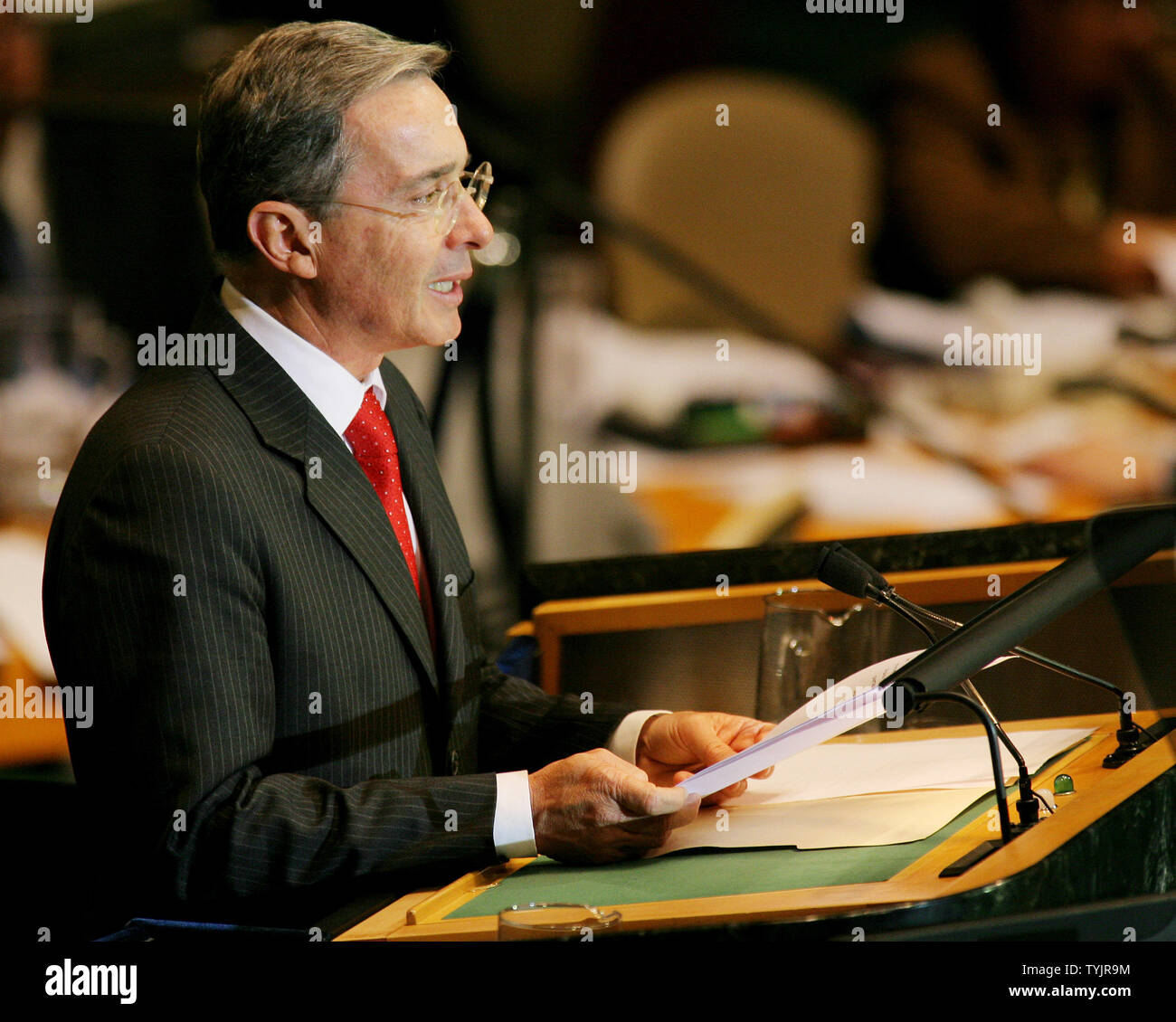 Alvaro Uribe Valez, President of Columbia, addresses the 63rd session of the General Assembly at the United Nations on September 24, 2008 in New York City. (UPI Photo/Monika Graff) Stock Photo