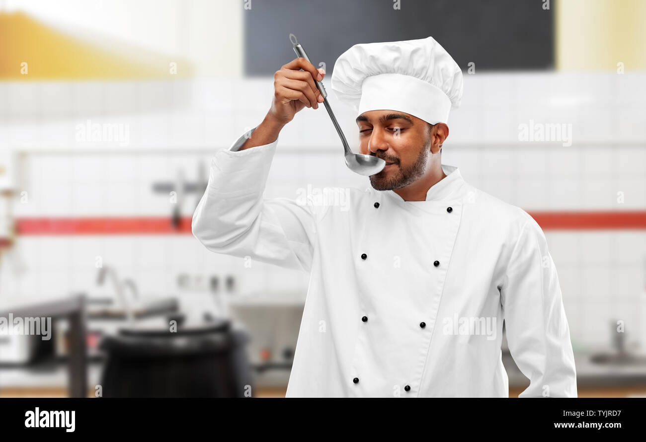 https://c8.alamy.com/comp/TYJRD7/happy-indian-chef-tasting-food-by-ladle-at-kitchen-TYJRD7.jpg