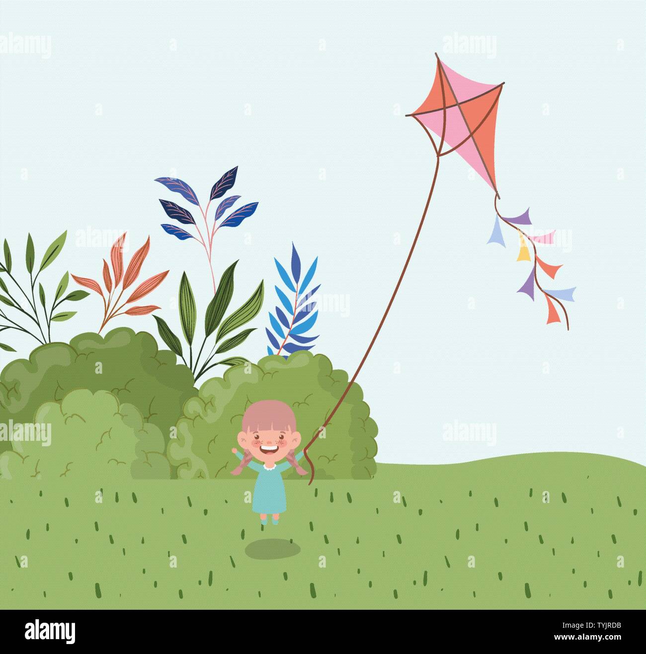 happy little girl flying kite in the field landscape Stock Vector Image ...