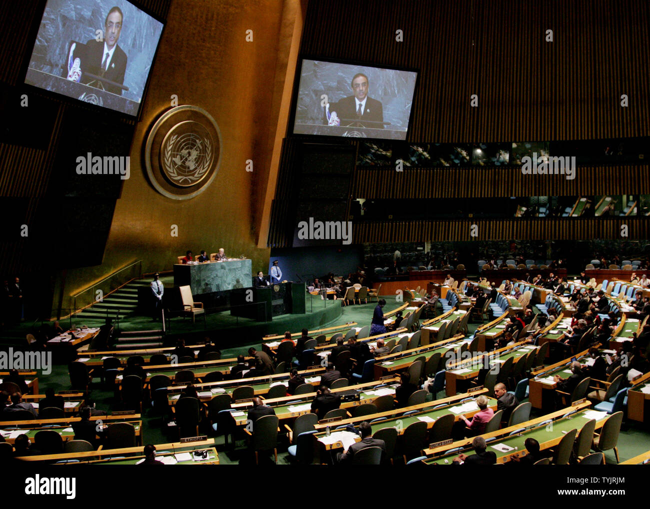 Asif Ali Zardari, President of Pakistan and husband of Benazir Bhutto, addresses the 63rd session of the General Assembly at the UN on September 25, 2008 in New York City. (UPI Photo/Monika Graff) Stock Photo
