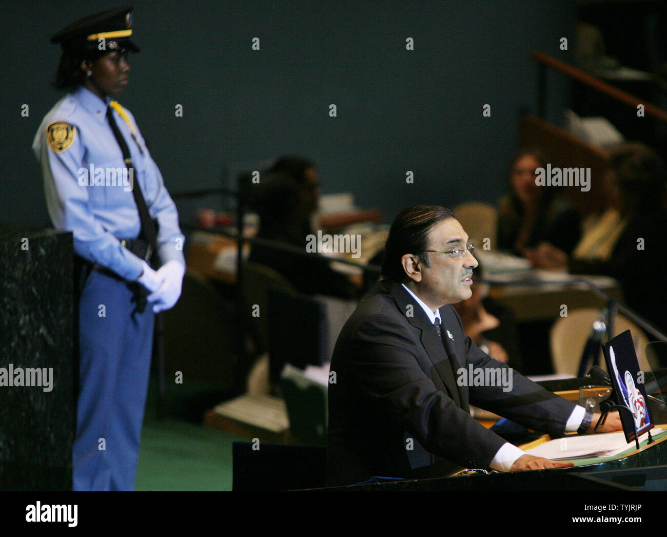 Asif Ali Zardari, President of Pakistan and husband of Benazir Bhutto, addresses the 63rd session of the General Assembly at the United Nations on September 25, 2008 in New York City. (UPI Photo/Monika Graff) Stock Photo