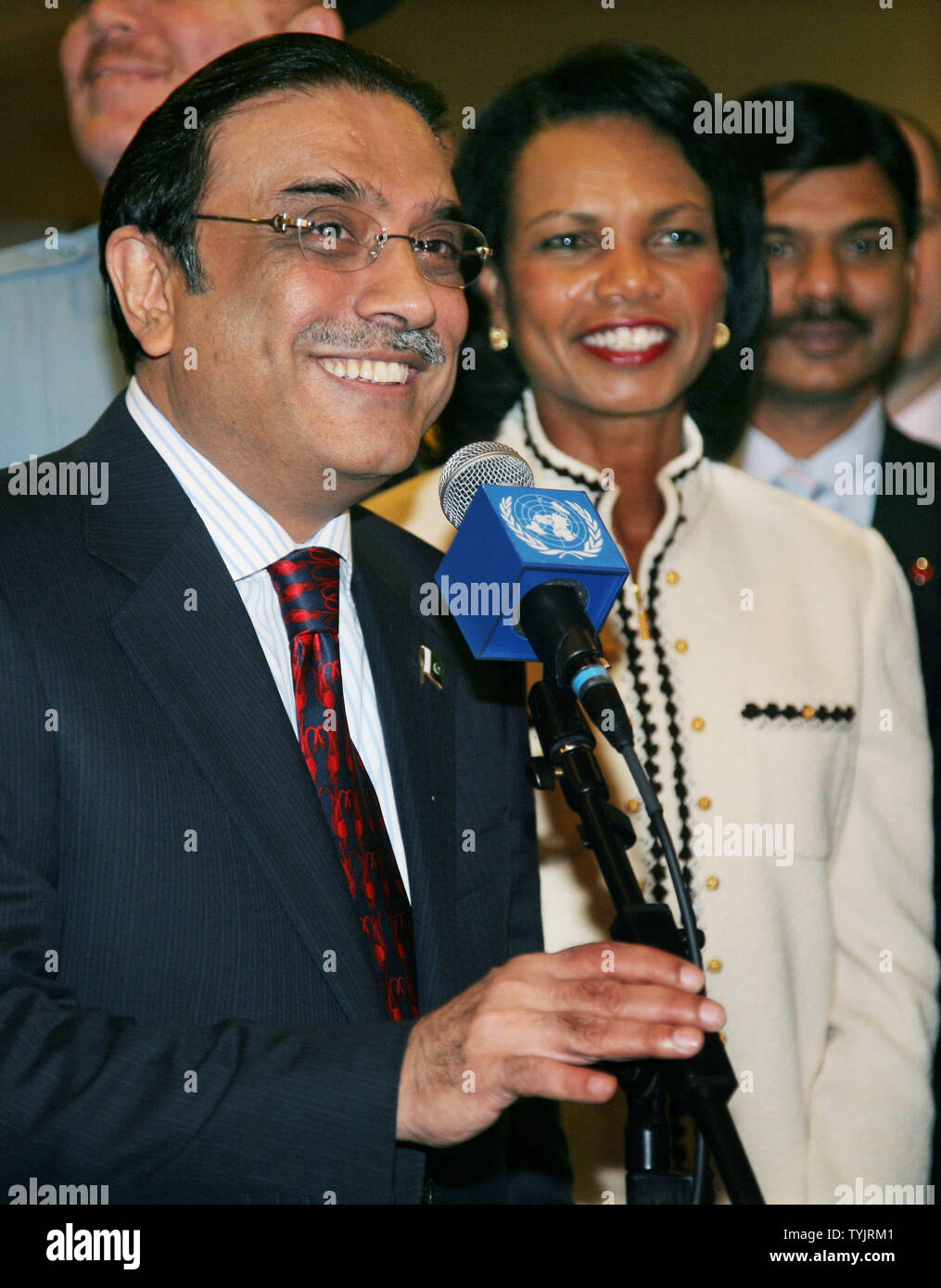 Asif Ali Zardari, president of Pakistan, listens to a question from a reporter as Secretary of State Condolezza Rice joins him following their Friends of Pakistan meeting during the 63rd session of the General Assembly at the United Nations on September 26, 2008 in New York City. (UPI Photo/Monika Graff) Stock Photo