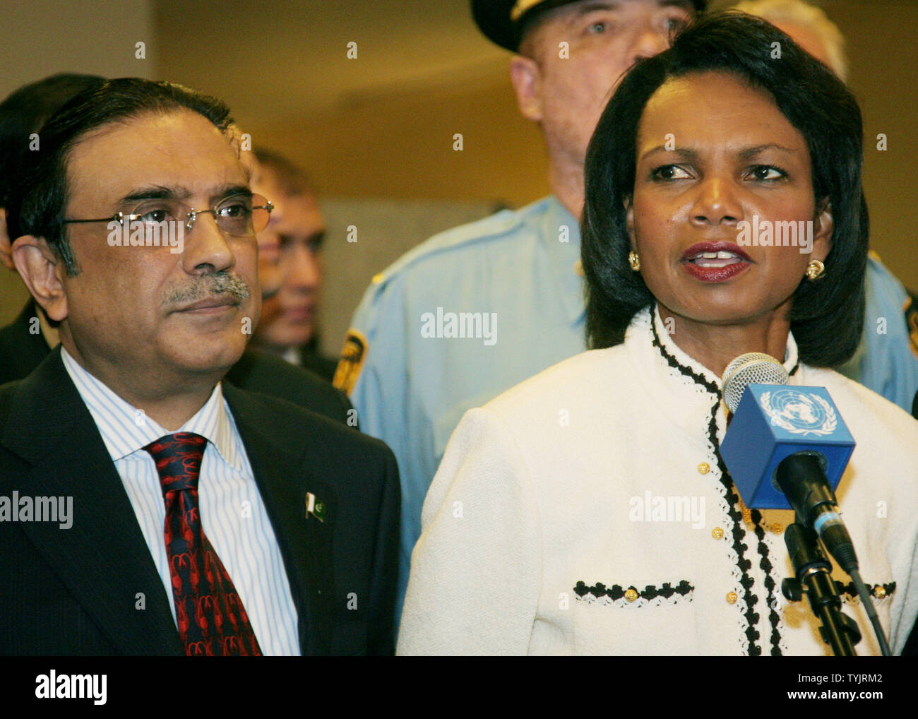 Secretary of State Condolezza Rice speaks to the press as Asif Ali Zardari, president of Pakistan, listens following their Friends of Pakistan meeting during the 63rd session of the General Assembly at the United Nations on September 26, 2008 in New York City. (UPI Photo/Monika Graff) Stock Photo