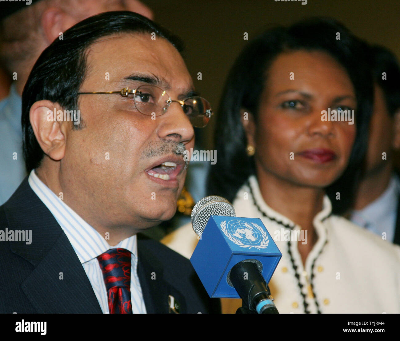 Asif Ali Zardari, president of Pakistan, talks to the press as Secretary of State Condolezza Rice listens following their Friends of Pakistan meeting during the 63rd session of the General Assembly at the United Nations on September 26, 2008 in New York City. (UPI Photo/Monika Graff) Stock Photo