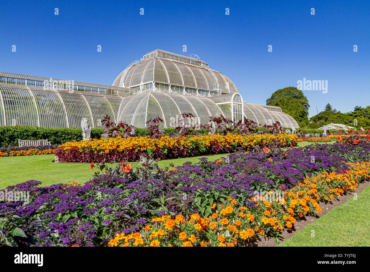 Flower beds in front of the The Palm House At The Royal Botanic Gardens, Kew , London .UK Stock Photo
