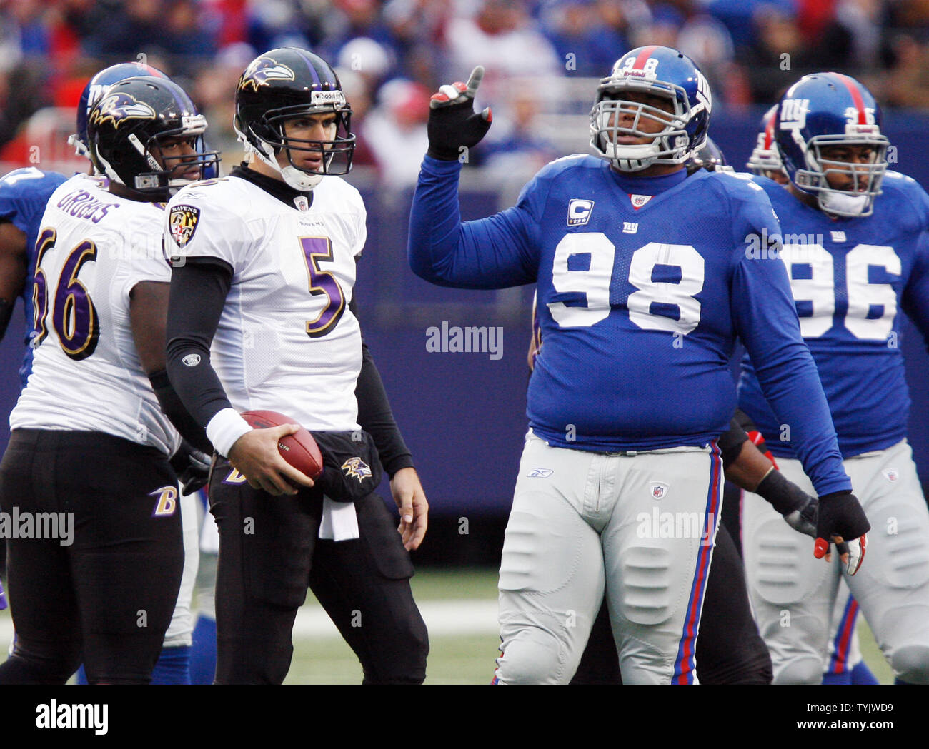 Baltimore Ravens Joe Flacco (5) watches New York Giants Fred Robbins (98)  react in the first quarter at Giants Stadium in East Rutherford, New Jersey  on November16, 2008. (UPI Photo/John Angelillo Stock