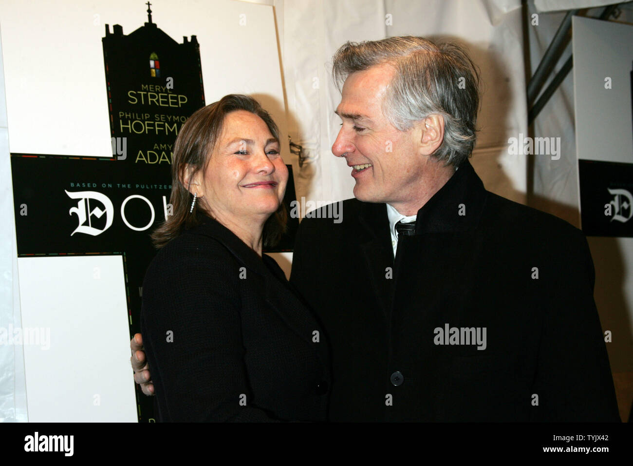 John Patrick Shanley and Cherry Jones arrive for the premiere of "Doubt" at the Paris Theater in