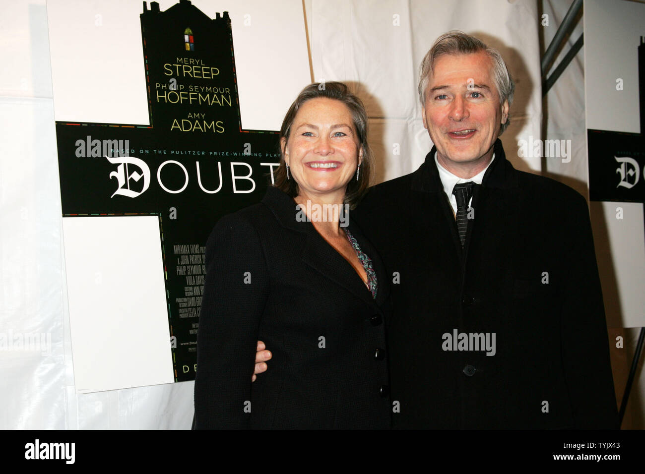 John Patrick Shanley and Cherry Jones arrive for the premiere of "Doubt" at the Paris Theater in