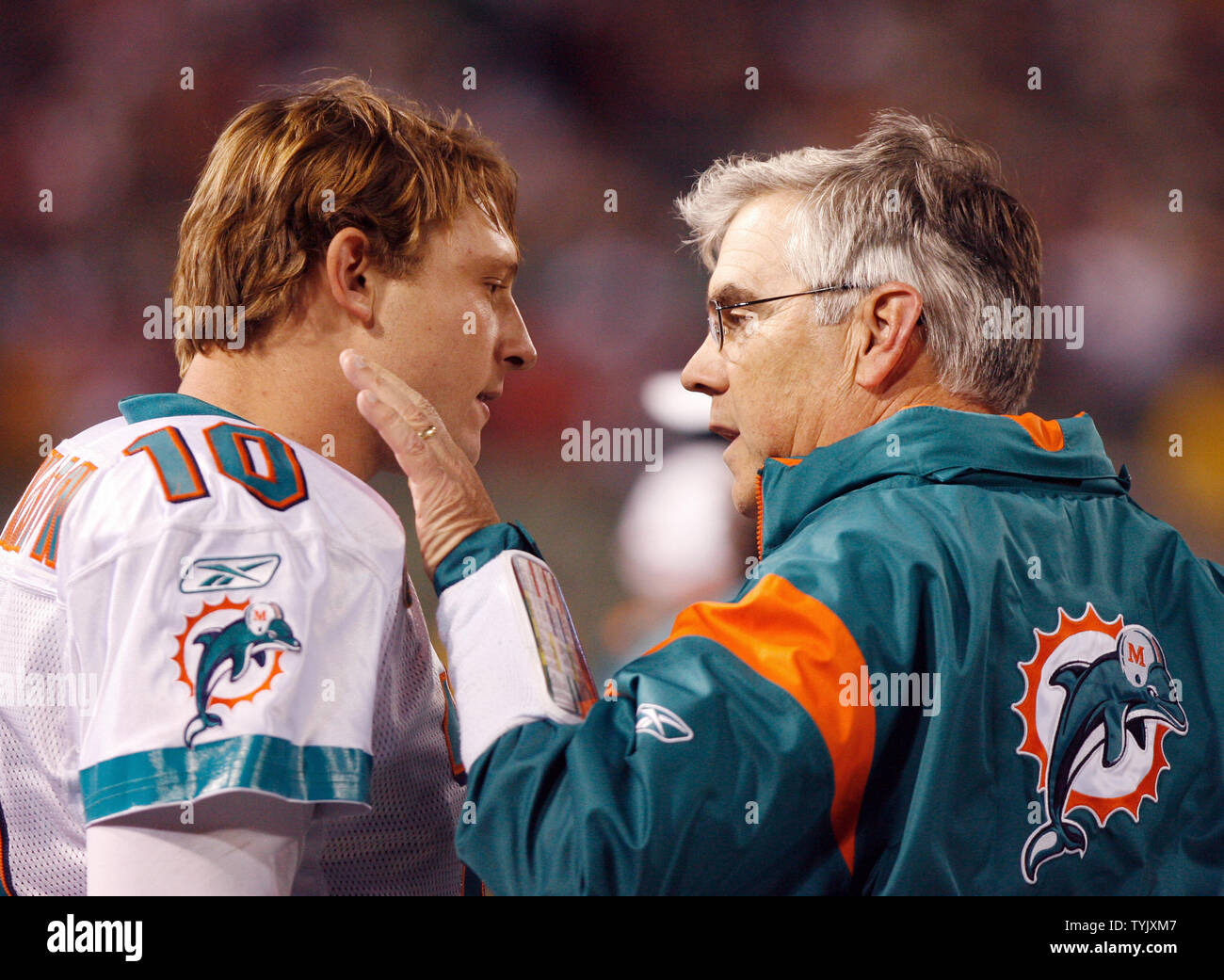 Miami Dolphins Chad Pennington talks with Dan Henning on the sidelines in  the third quarter against the New York Jets at Giants Stadium in East  Rutherford, New Jersey on December 28, 2008.