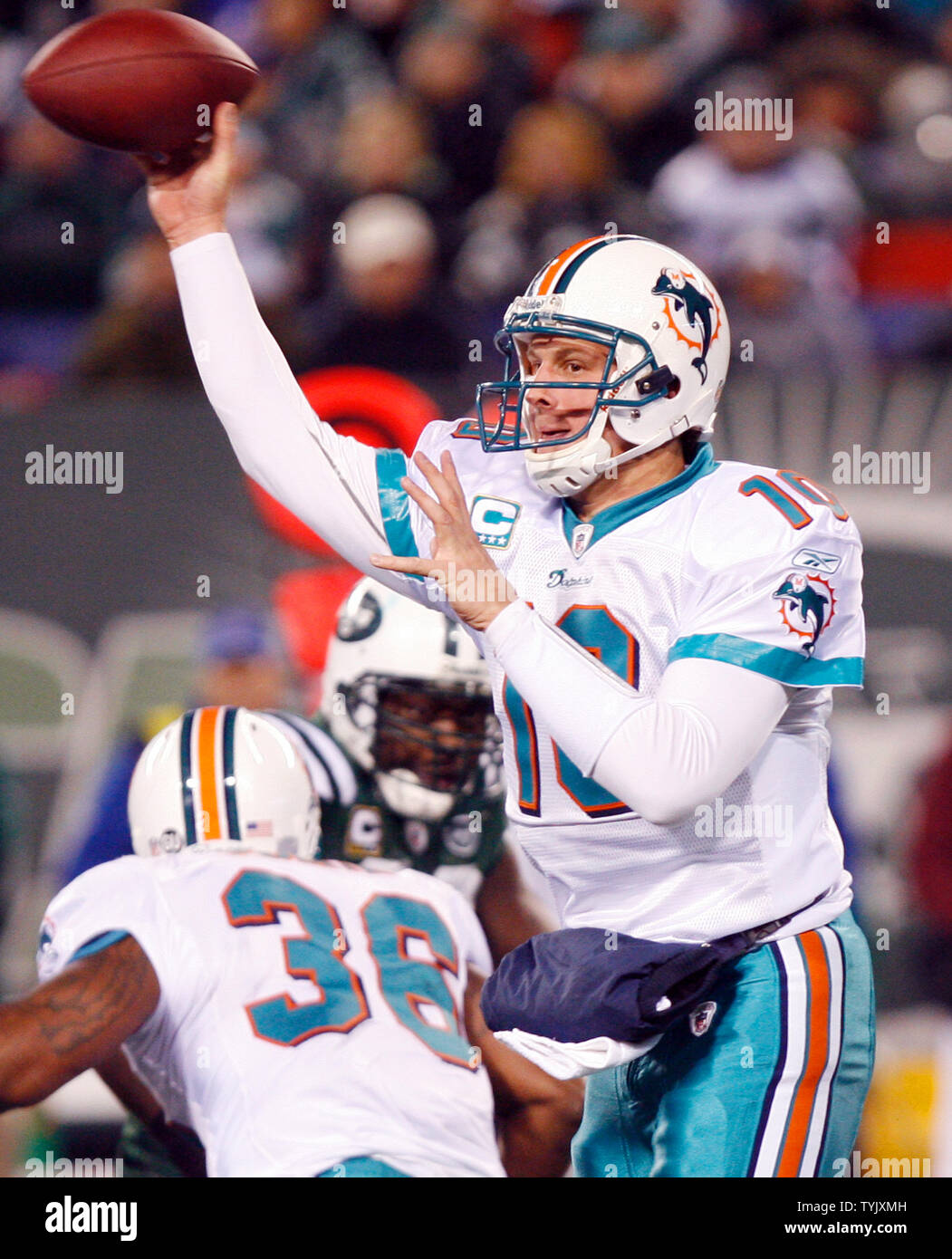 Miami Dolphins Chad Pennington (10) prepares to throw a pass in the fourth  quarter against the New York Jets at Giants Stadium in East Rutherford, New  Jersey on December 28, 2008. The