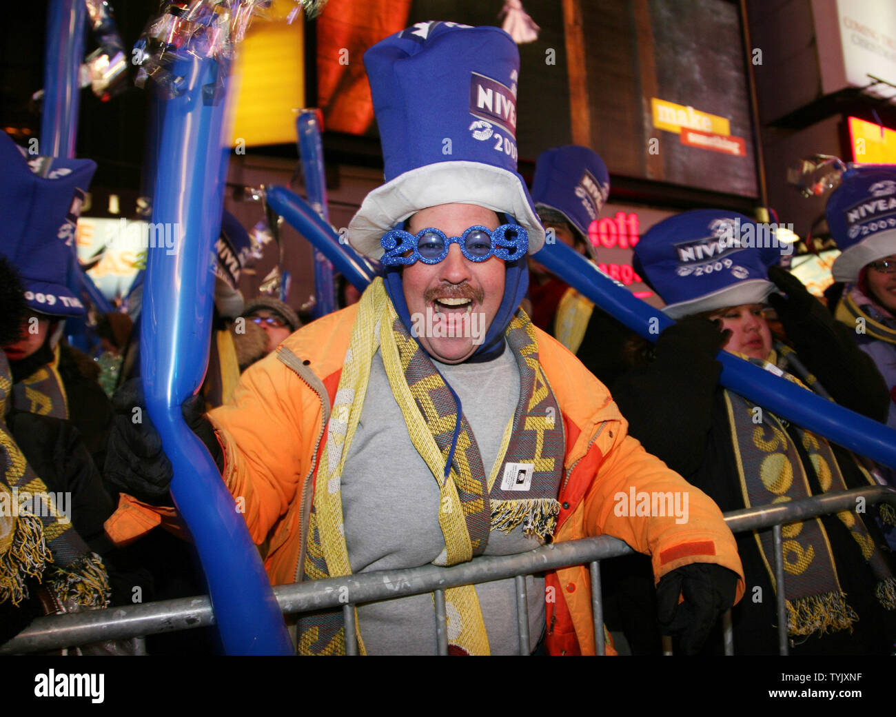 Greg Packer joins the hundreds of thousands of revelers gathered in Times Square in sub-freezing temperatures as they celebrate New Year's Eve on December 31, 2008 in New York City. (UPI Photo/Monika Graff) Stock Photo