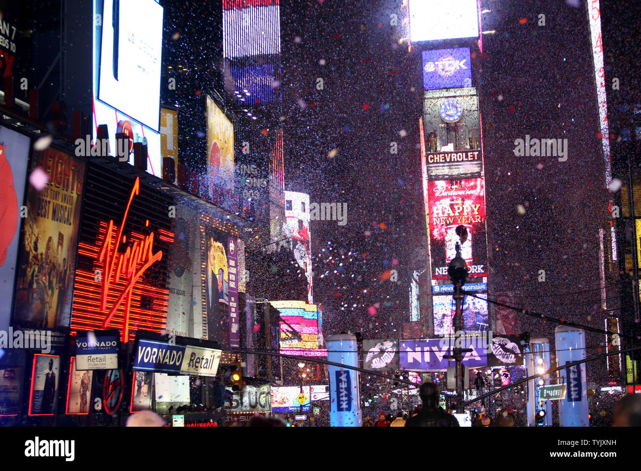 Confetti rains down on Times Square at the stroke of midnight during the New Year's Eve celebration on December 31, 2008 in New York City. (UPI Photo/Monika Graff) Stock Photo