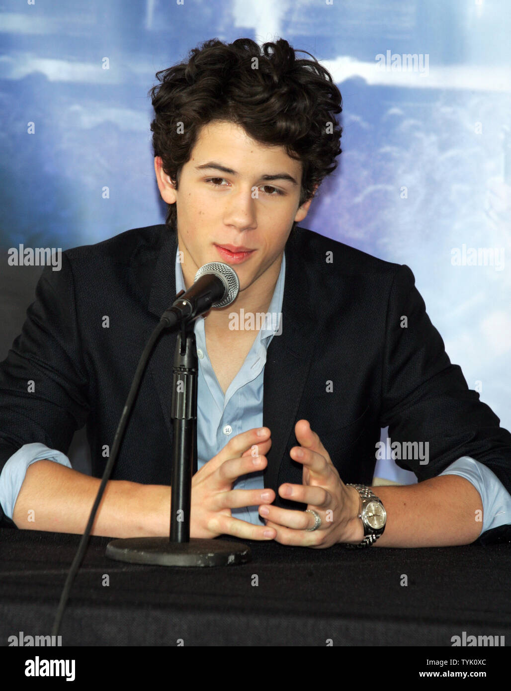 The Jonas Brothers' Nick Jonas attends a press conference about embarking on their "Surprise Theater Invasion" at the Westchester Airport in New York on February 28, 2009.  (UPI Photo/Laura Cavanaugh) Stock Photo