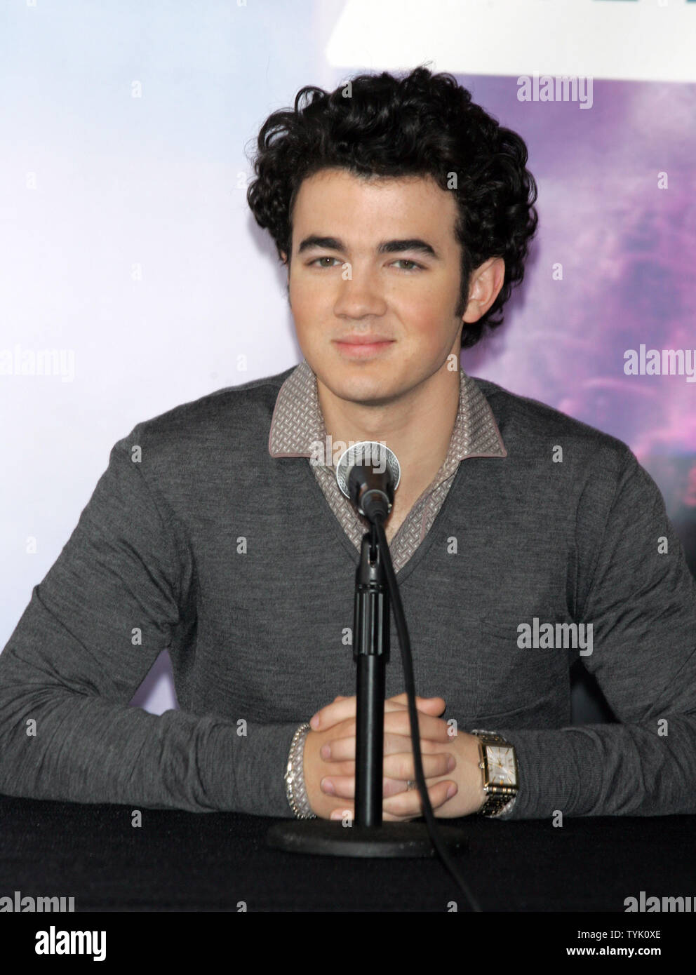 The Jonas Brothers' Kevin Jonas attends a press conference about embarking on their 'Surprise Theater Invasion' at the Westchester Airport in New York on February 28, 2009.  (UPI Photo/Laura Cavanaugh) Stock Photo