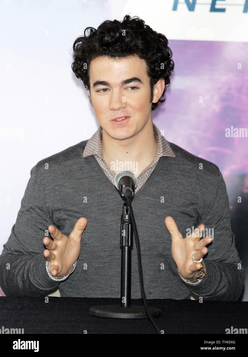 The Jonas Brothers' Kevin Jonas attends a press conference about embarking on their 'Surprise Theater Invasion' at the Westchester Airport in New York on February 28, 2009.  (UPI Photo/Laura Cavanaugh) Stock Photo