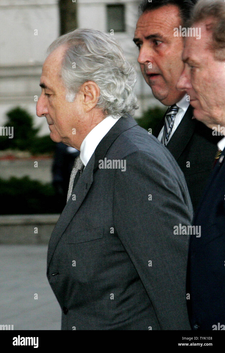 Bernard Madoff arrives at Federal Court where he is expected to plead guilty to securities fraud charges on March 12, 2009 in New York. Victims will also be in court to testify against the disgraced financier who is accused of masterminding a $50 billion Ponzi scheme. (UPI Photo/Monika Graff) Stock Photo