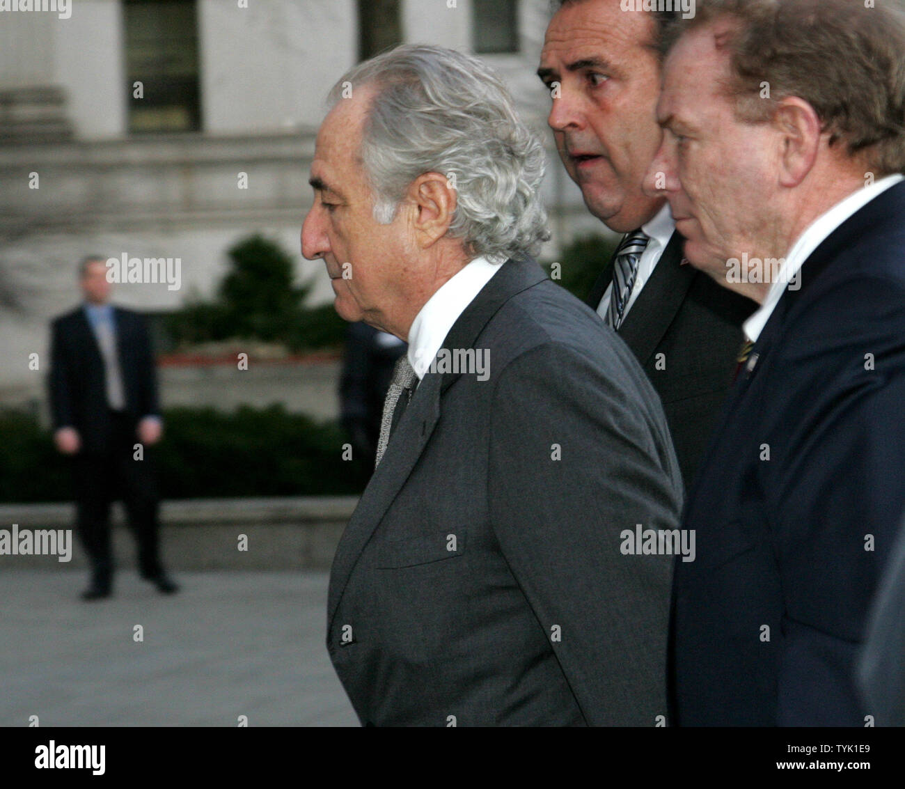 Bernard Madoff arrives at Federal Court where he is expected to plead guilty to securities fraud charges on March 12, 2009 in New York. Victims will also be in court to testify against the disgraced financier who is accused of masterminding a $50 billion Ponzi scheme. (UPI Photo/Monika Graff) Stock Photo