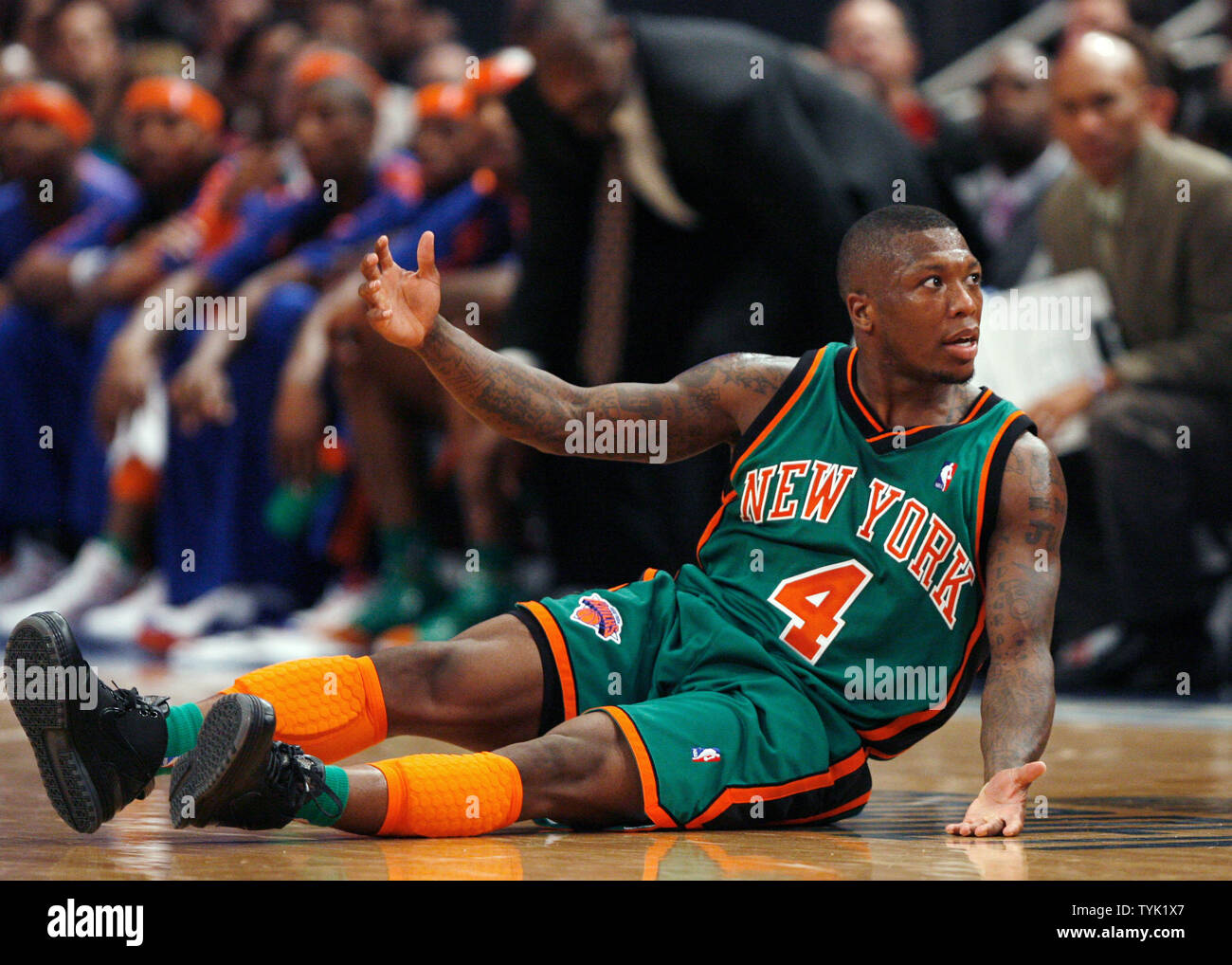 New York Knicks Nate Robinson reacts on the floor in the fourth quarter  against the New Jersey Nets at Madison Square Garden in New York City on  March 18, 2009. The Nets