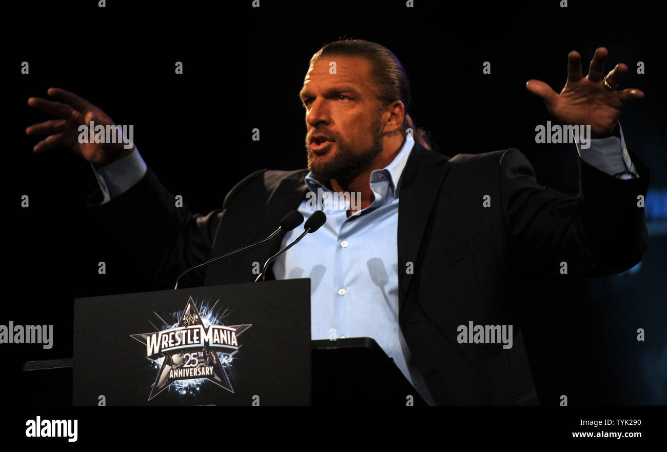 WWE Champion Triple H attends a press conference at New York's Hard Rock Cafe to promote the 25th anniversary of Wrestlemania to be held on April 5, 2009 in Houston Texas.  (UPI Photo/Ezio Petersen) Stock Photo