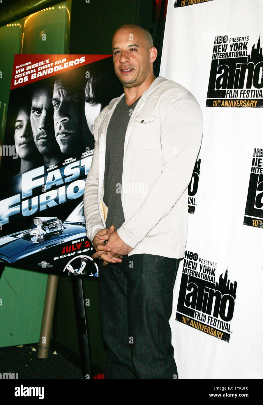 Vin Diesel arrives for the 10th Anniversary of the New York International Latino Film Festival  premiere of "Fast & The Furious"/"Los Bandoleros" at the School of Visual Arts Theater in New York on July 29, 2009.   (UPI Photo/Laura Cavanaugh) Stock Photo