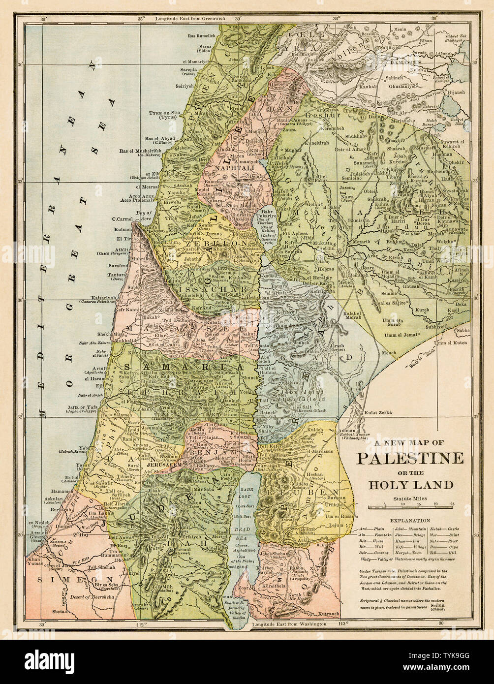 Map of the Holy Land, 1800s. Color lithograph Stock Photo
