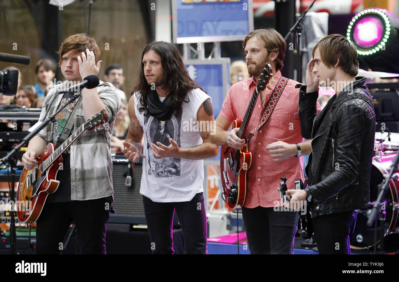 Matthew, Nathan, Caleb and Jared Followill (R) of The Kings Of Leon stand on stage in between songs on the NBC Today show live from Rockefeller Center in New York City on July 31, 2009.    (UPI Photo/John Angelillo) Stock Photo