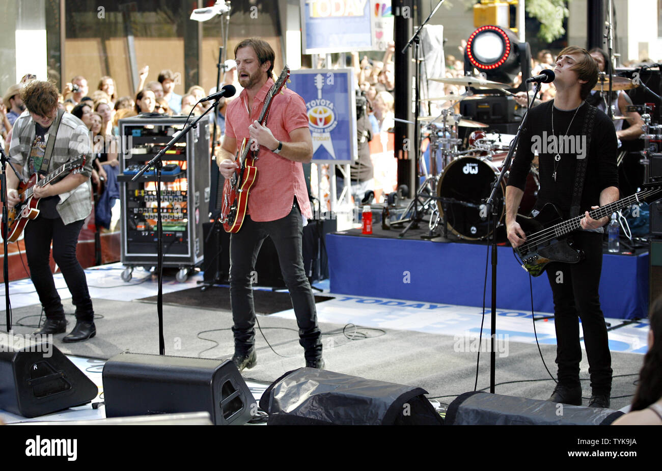 Matthew, Caleb, Jared and Nathan Followill (R) of The Kings Of Leon stand on stage in between songs on the NBC Today show live from Rockefeller Center in New York City on July 31, 2009.    (UPI Photo/John Angelillo) Stock Photo
