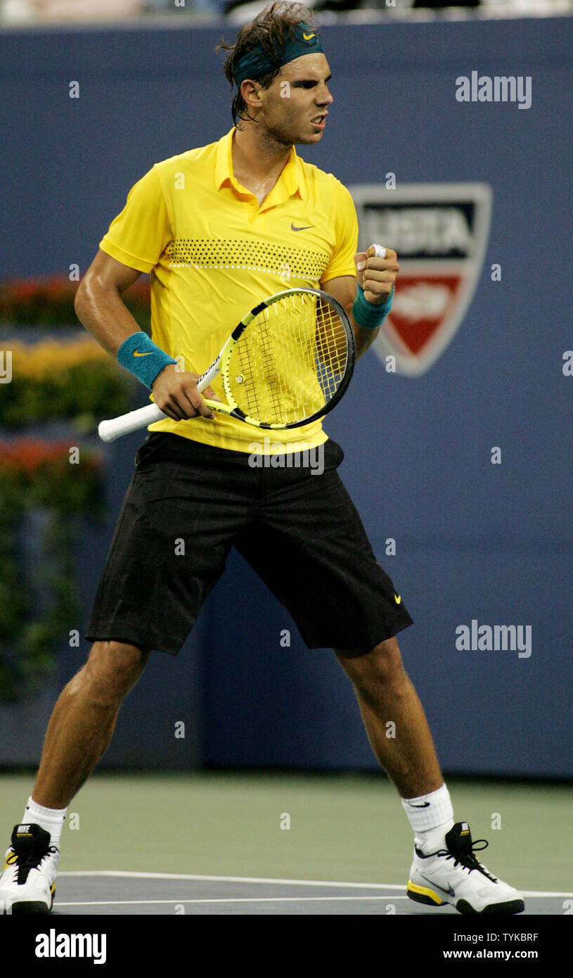 Rafael Nadal of Spain reacts as he wins the third set againsy Nicolas  Kiefer of Germany during their match at the US Open tennis championship on  September 4, 2009 in New York.