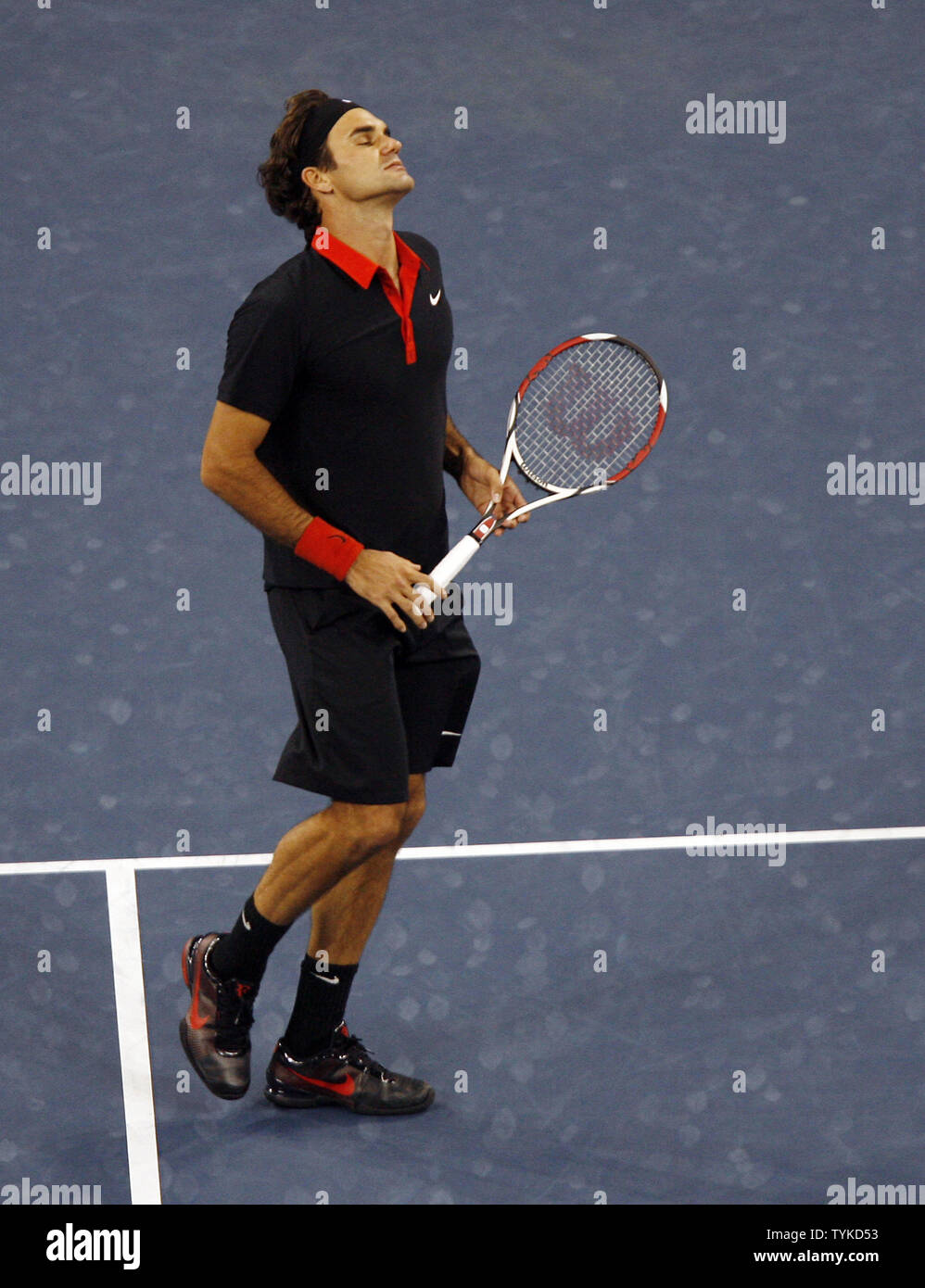Roger Federer of Switzerland reacts after losing a point to Juan Martin Del Potro of Argentina in the fourth set of their mens final match in Arthur Ashe Stadium at the US Open Tennis Championships at the Billie Jean King National Tennis Center in New York on September 14, 2009.     UPI/John Angelillo Stock Photo