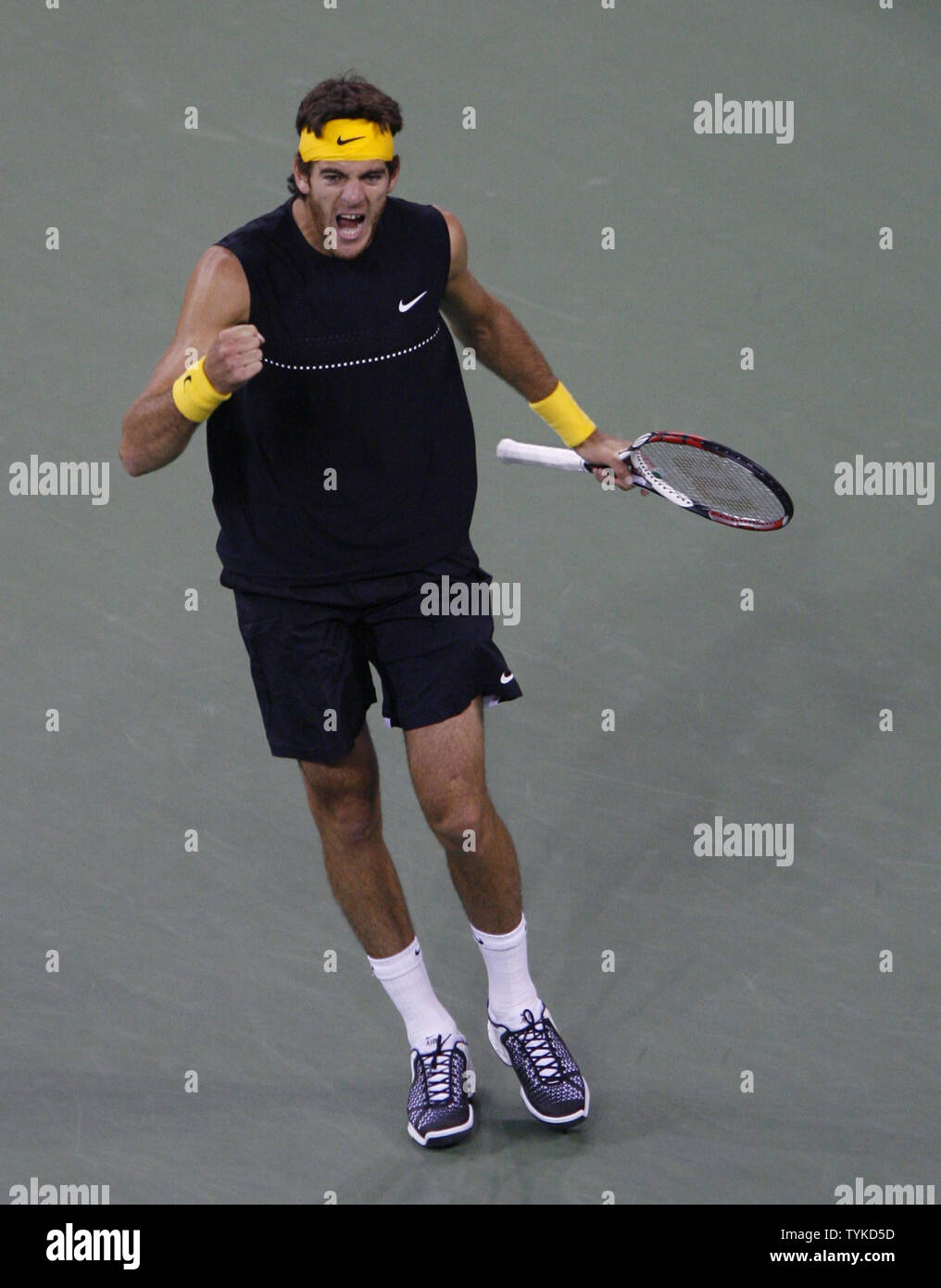 Juan Martin Del Potro of Argentina reacts after winning the fourth set against Roger Federer of Switzerland in the mens final in Arthur Ashe Stadium at the US Open Tennis Championships at the Billie Jean King National Tennis Center in New York on September 14, 2009.     UPI/John Angelillo Stock Photo