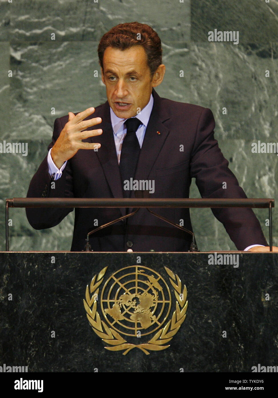 French President Nicolas Sarkozy speaks at the 64th United Nations General Assembly in the UN building in New York City on September 23, 2009.      UPI/John Angelillo Stock Photo