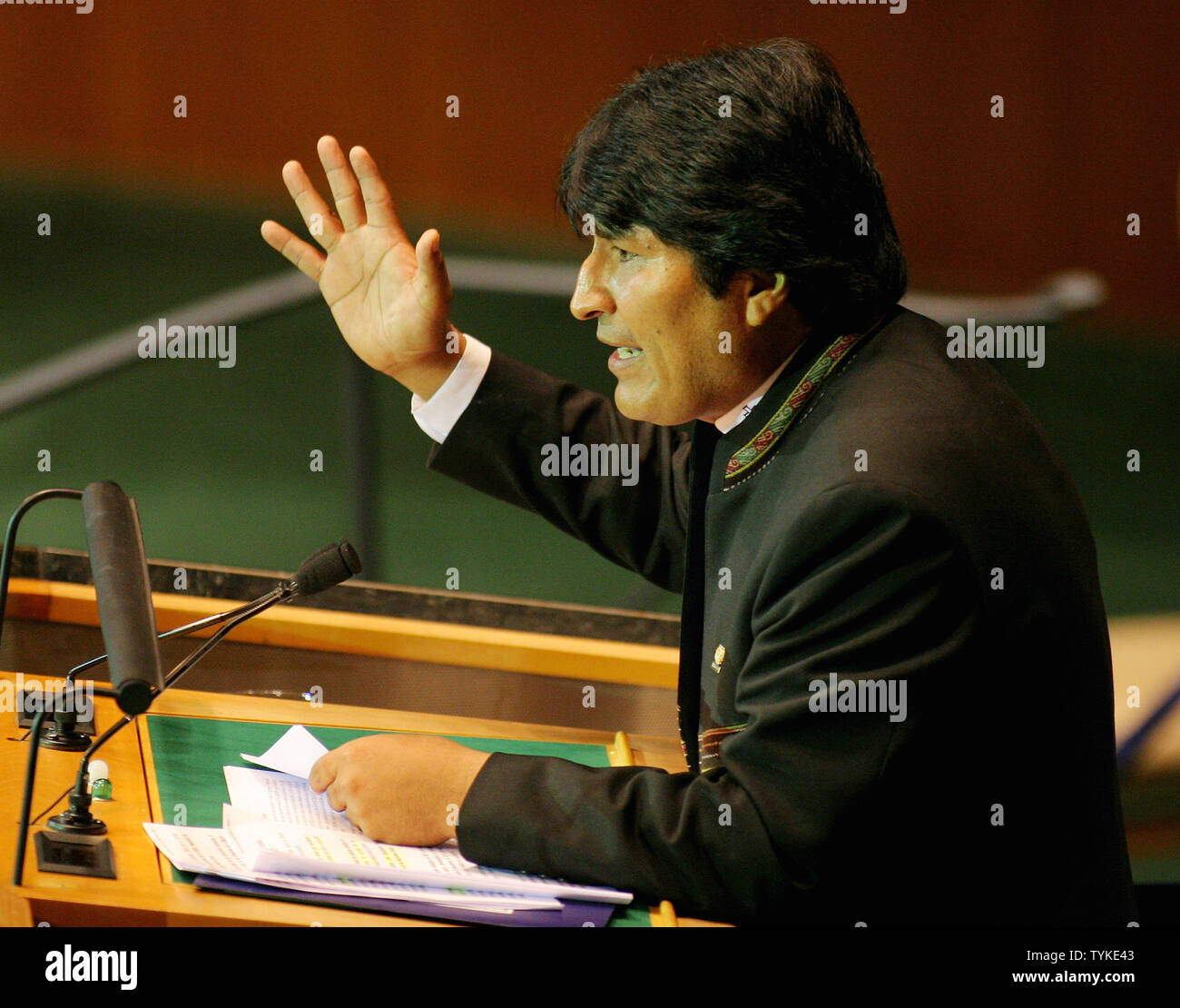 Bolivia President Evo Morales Ayma addresses the 64th General Assembly at the United Nations on  September 23, 2009 in New York City.     UPI /Monika Graff Stock Photo